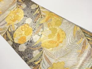 引箔花鳥に蝶・波模様織出し袋帯